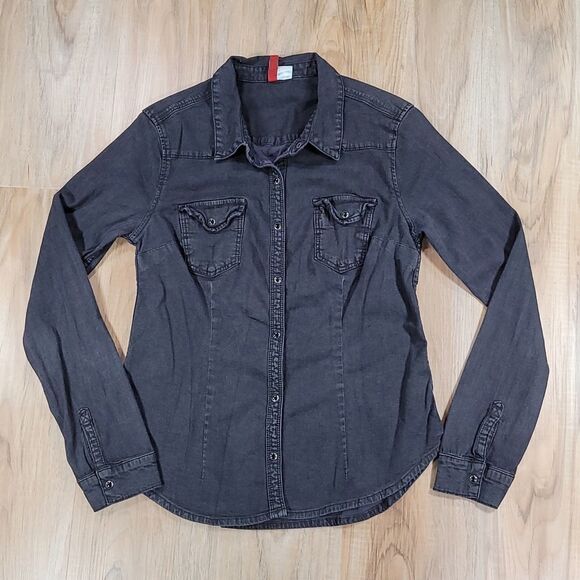 🔺️Divided H&M Black Jean Snap-up Long Sleeve Shirt w/Chest Pockets Size 10 - Picture 1 of 8